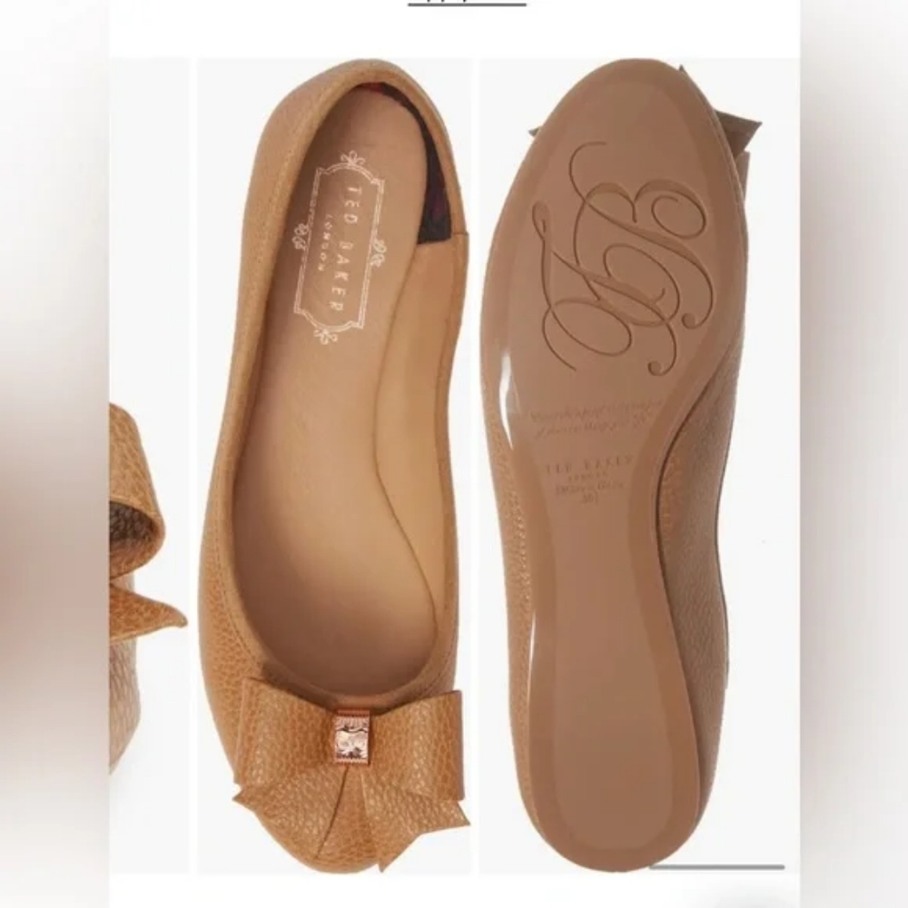 Ted Baker Tan Sually Round Toe Brown Bow Front Flats Size 39 1/2